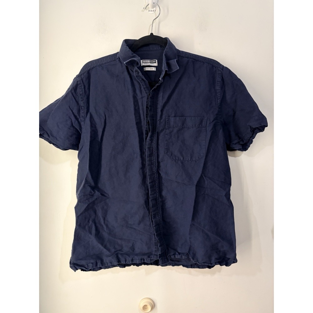 Giordano 100% Linen Shirt Mens L Navy Blue Short Sleeve Button Front